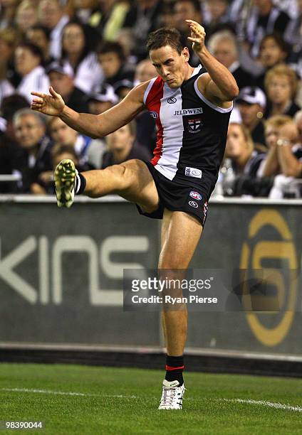 Jason Blake of the Saints kicks during the round three AFL match between the St Kilda Saints and the Collingwood Magpies at Etihad Stadium on April...