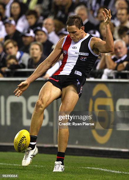 Jason Blake of the Saints kicks during the round three AFL match between the St Kilda Saints and the Collingwood Magpies at Etihad Stadium on April...