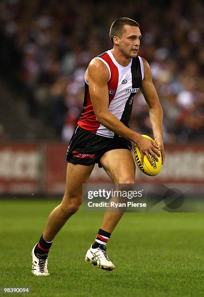 Jarryn Geary of the Saints looks upfield during the round three AFL match between the St Kilda Saints and the Collingwood Magpies at Etihad Stadium...
