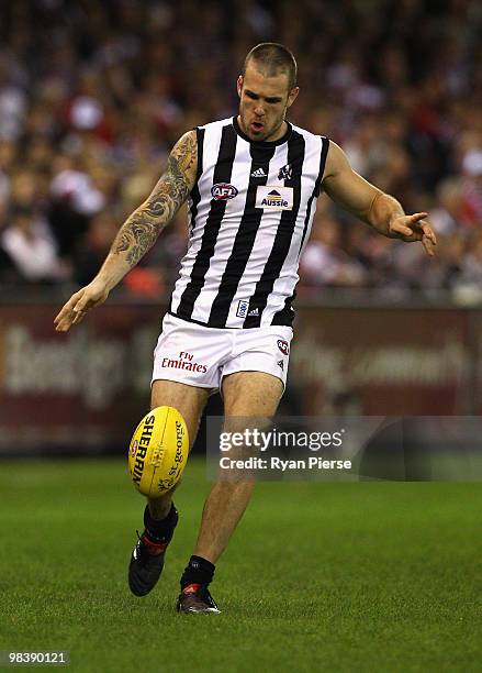 Dane Swan of the Magpies kicks during the round three AFL match between the St Kilda Saints and the Collingwood Magpies at Etihad Stadium on April 9,...