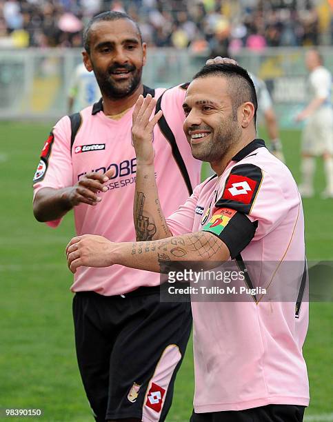 Fabrizio Miccoli of Palermo celebrates his goal with his team-mate Fabio Liverani during the Serie A match between US Citta di Palermo and AC Chievo...