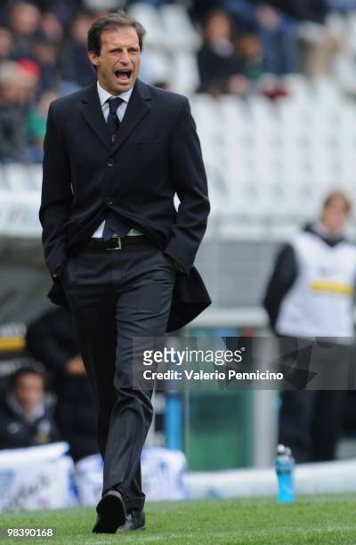 Cagliari Calcio head coach Massimiliano Allegri reacts during the Serie A match between Juventus FC and Cagliari Calcio at Stadio Olimpico on April...