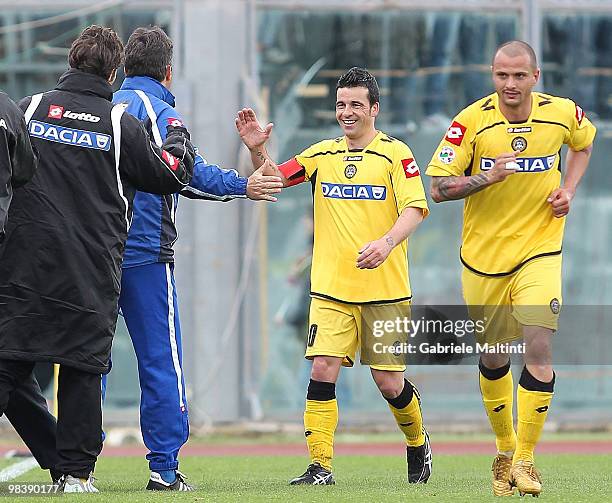 Antonio Di Natale of Udinese Calcio celebrates the goal during the Serie A match between AS Livorno Calcio and Udinese Calcio at Stadio Armando...