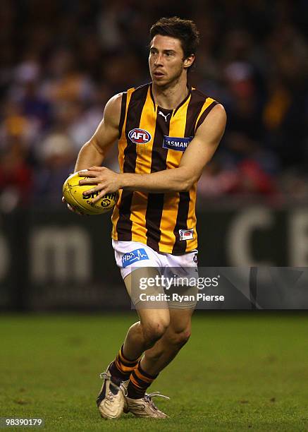 Garry Moss of the Hawks looks upfield during the round three AFL match between the Western Bulldogs and the Hawthorn Hawks at Etihad Stadium on April...