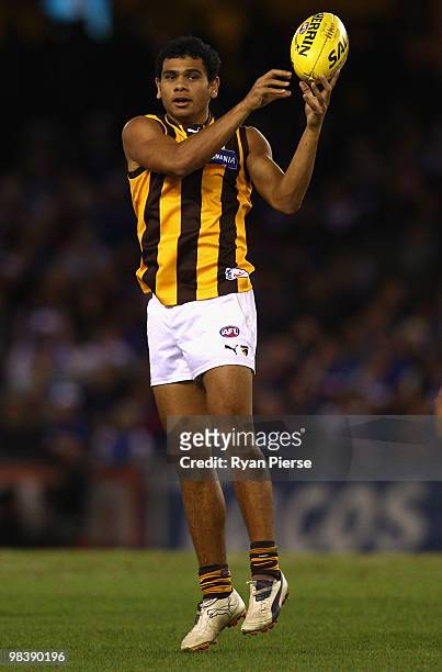 Cyril Rioli of the Hawks marks during the round three AFL match between the Western Bulldogs and the Hawthorn Hawks at Etihad Stadium on April 11,...