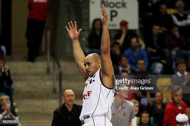 Robert Garrett of Brose Baskets celebrates during the final between Deutsche Bank Skyliners Frankfurt and Brose Baskets Bamberg at the Beko BBL Top...