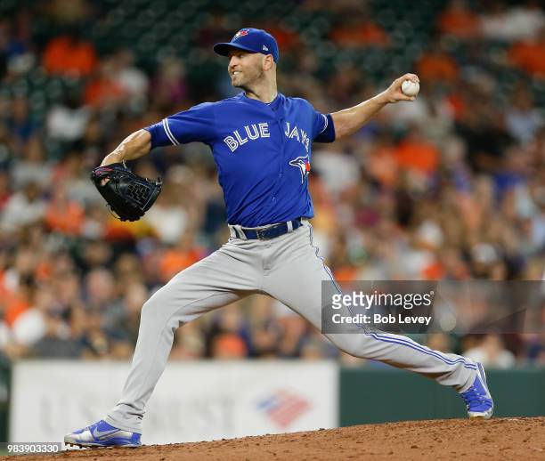 Happ of the Toronto Blue Jays pitches in the first inning against the Houston Astros at Minute Maid Park on June 25, 2018 in Houston, Texas.