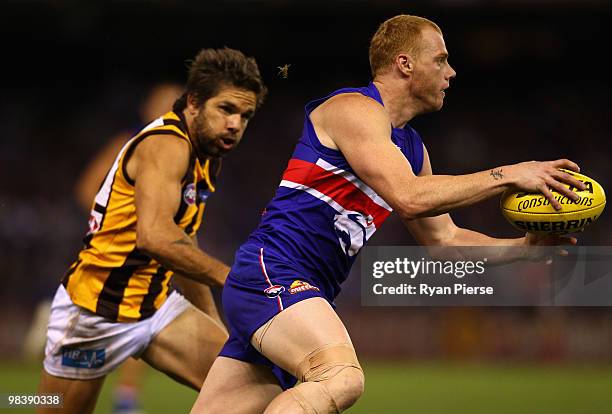 Adam Cooney of the Bulldogs looks upfield during the round three AFL match between the Western Bulldogs and the Hawthorn Hawks at Etihad Stadium on...