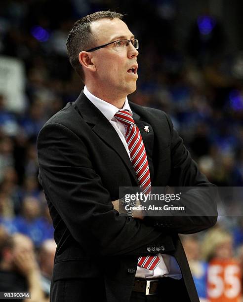 Head coach Chris Fleming of Brose Baskets reacts during the final between Deutsche Bank Skyliners Frankfurt and Brose Baskets Bamberg at the Beko BBL...