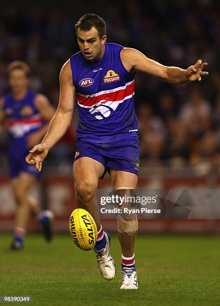 Brian Lake of the Bulldogs kicks during the round three AFL match between the Western Bulldogs and the Hawthorn Hawks at Etihad Stadium on April 11,...