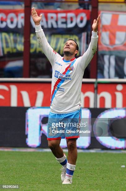 Adrian Ricchiuti of Catania celebrates after scoring his 2nd catania's goal during the Serie A match between AC Milan and Catania Calcio at Stadio...