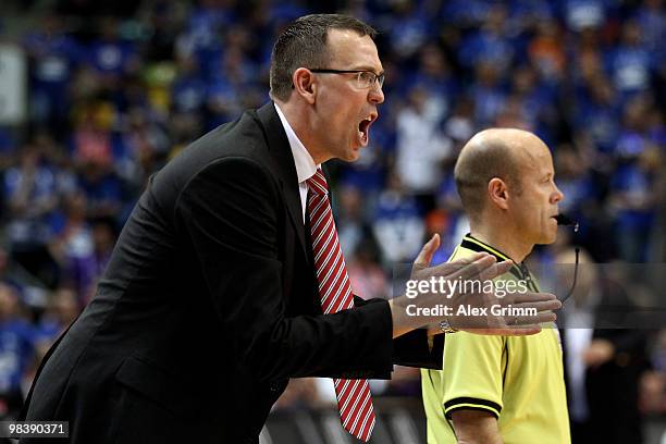 Head coach Chris Fleming of Brose Baskets reacts during the final between Deutsche Bank Skyliners Frankfurt and Brose Baskets Bamberg at the Beko BBL...