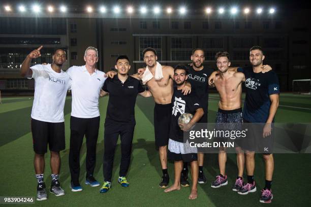 Player Klay Thompson of the Golden State Warriors play soccer with his friends on June 24, 2018 in Beijing, China.