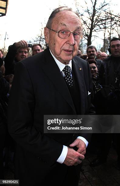 Former German foreign minister Hans-Dietrich Genscher attends the funeral service for Wolfgang Wagner at festival opera house on April 11, 2010 in...