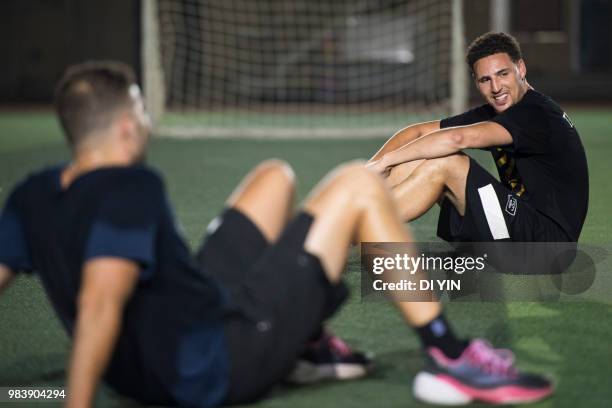 Player Klay Thompson of the Golden State Warriors play soccer with his friends on June 24, 2018 in Beijing, China.