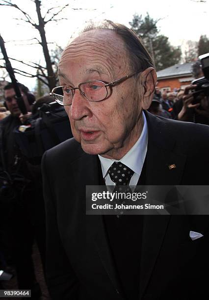 Former German foreign minister Hans-Dietrich Genscher attends the funeral service for Wolfgang Wagner at festival opera house on April 11, 2010 in...