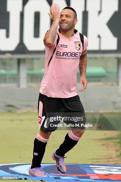 Fabrizio Miccoli of Palermo celebrates his second goal during the Serie A match between US Citta di Palermo and AC Chievo Verona at Stadio Renzo...