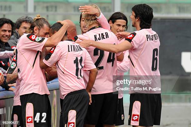 Players of Palermo celebrate Fabrizio Miccoli's second goal during the Serie A match between US Citta di Palermo and AC Chievo Verona at Stadio Renzo...