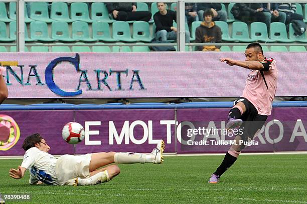 Fabrizio Miccoli of Palermo scores his second goal during the Serie A match between US Citta di Palermo and AC Chievo Verona at Stadio Renzo Barbera...