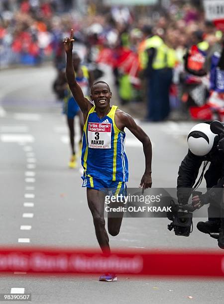 Patrick Makau arives at the finish in Rotterdam, The Netherlands, during the marathon on April 11, 2010. The 25-year-old Kenyan won the race in...