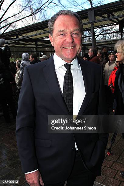 Bavarian minister for science Wolfgang Heubisch arrives for the funeral service for Wolfgang Wagner at festival opera house on April 11, 2010 in...
