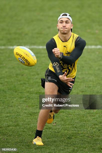 Shai Bolton handalls during a Richmond Tigers AFL media opportunity at Punt Road Oval on June 26, 2018 in Melbourne, Australia.