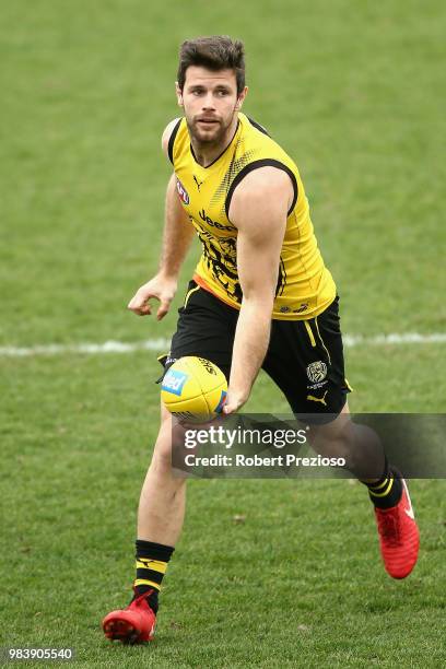 Trent Cotchin handalls during a Richmond Tigers AFL media opportunity at Punt Road Oval on June 26, 2018 in Melbourne, Australia.