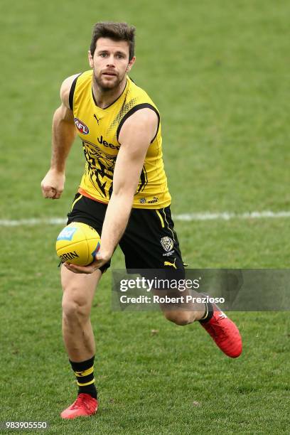 Trent Cotchin handalls during a Richmond Tigers AFL media opportunity at Punt Road Oval on June 26, 2018 in Melbourne, Australia.