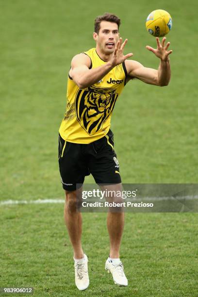 Alex Rance gathers the ball during a Richmond Tigers AFL media opportunity at Punt Road Oval on June 26, 2018 in Melbourne, Australia.