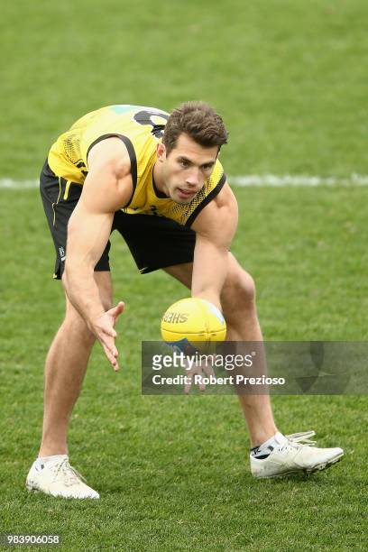 Alex Rance gathers the ball during a Richmond Tigers AFL media opportunity at Punt Road Oval on June 26, 2018 in Melbourne, Australia.