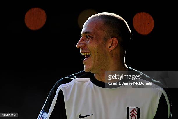 Bobby Zamora of Fulham smiles during the Barclays Premier League match between Liverpool and Fulham at Anfield on April 11, 2010 in Liverpool,...