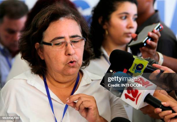 Nicaragua's Autonomous Women's Movement and Civil Society Alliance member Azahalea Solis speaks to the press after talks resumed with representatives...