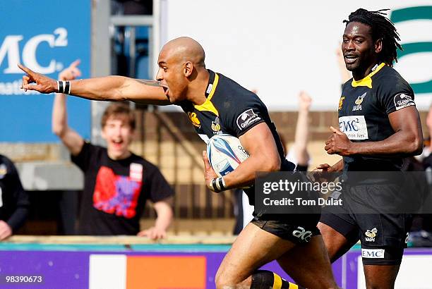 Tom Varndell of London Wasps scores a try during the Amlin Challenge Cup Quarter Final match between London Wasps and Gloucester at Adams Park on...