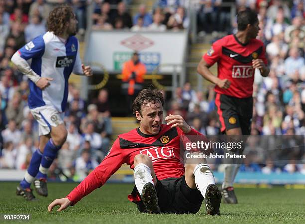 Dimitar Berbatov of Manchester United reflects on a missed opportunity during the FA Barclays Premier League match between Blackburn Rovers and...