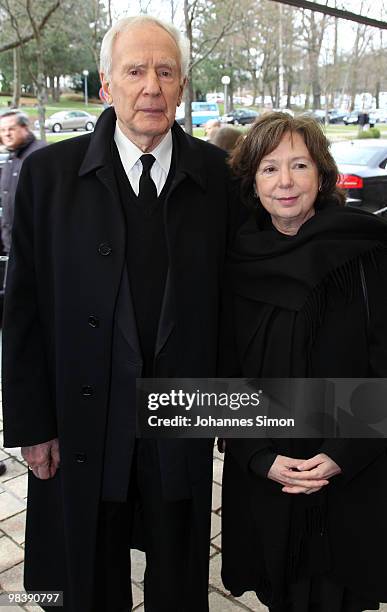 Klaus von Dohnanyi and his wife Ulla Hahn arrive for the funeral service for Wolfgang Wagner at festival opera house on April 11, 2010 in Bayreuth,...