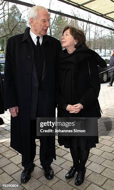 Klaus von Dohnanyi and his wife Ulla Hahn arrive for the funeral service for Wolfgang Wagner at festival opera house on April 11, 2010 in Bayreuth,...