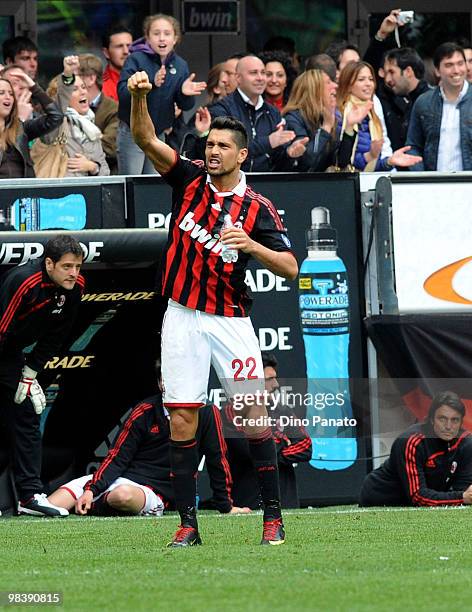 Marco Borriello of Milan celebrates after scoring his second Milan's goal during the Serie A match between AC Milan and Catania Calcio at Stadio...