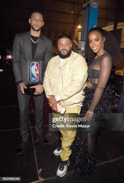 Rookie of the Year winner Ben Simmons poses with DJ Khaled and Kelly Rowland at the 2018 NBA Awards at Barkar Hangar on June 25, 2018 in Santa...