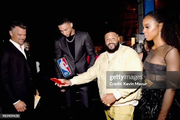 Josh Duhamel, Rookie of the Year Ben Simmons, DJ Khaled, and Kelly Rowland attend the 2018 NBA Awards at Barkar Hangar on June 25, 2018 in Santa...