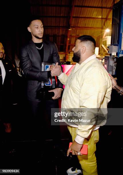 Rookie of the Year Ben Simmons and DJ Khaled attend the 2018 NBA Awards at Barkar Hangar on June 25, 2018 in Santa Monica, California.