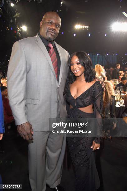 Shaquille O'Neal and Normani attend the 2018 NBA Awards at Barkar Hangar on June 25, 2018 in Santa Monica, California.