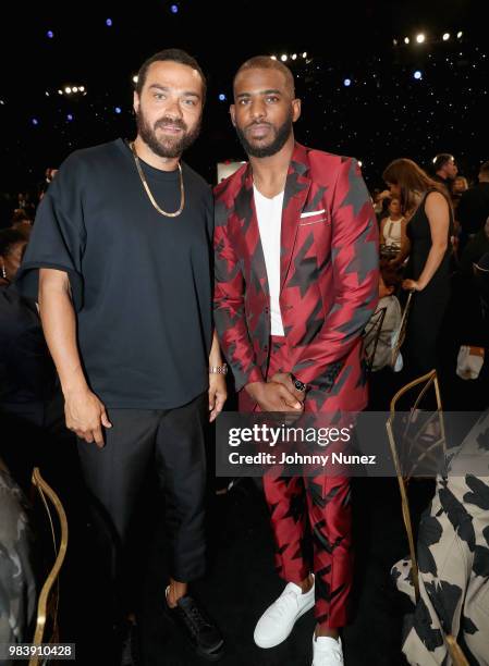 Jesse Williams and Chris Paul attend the 2018 NBA Awards at Barkar Hangar on June 25, 2018 in Santa Monica, California.