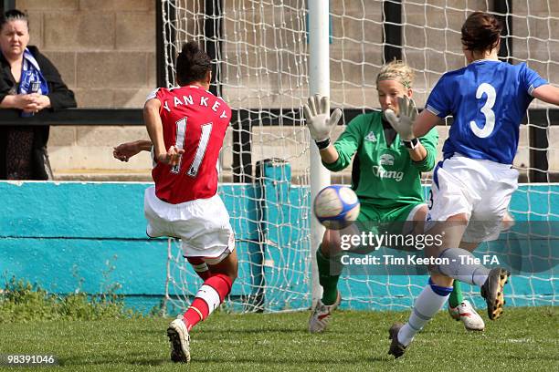 Arsenal's Rachel Yankey scores the only goal of the game past Everton keeper Rachel Brown ahead of Rachel Unitt's challenge during the Women's...