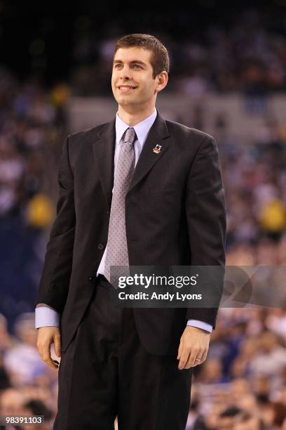 Head coach Brad Stevens of the Butler Bulldogs smiles as he coaches against the Duke Blue Devils during the 2010 NCAA Division I Men's Basketball...