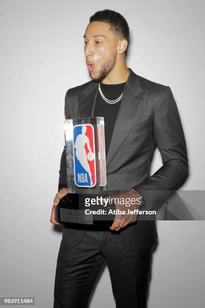 Ben Simmons of the Philadelphia 76ers poses for a portrait after winning Rookie of the Year during the NBA Awards Show on June 25, 2018 at the Barker...