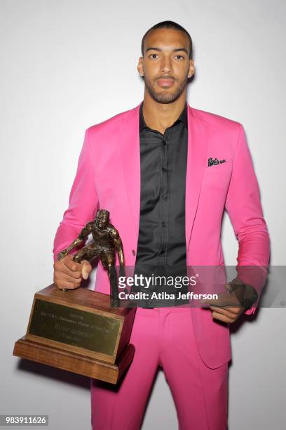 Rudy Gobert of the Utah Jazz poses for a portrait after winning Defensive Player of the Year during the NBA Awards Show on June 25, 2018 at the...