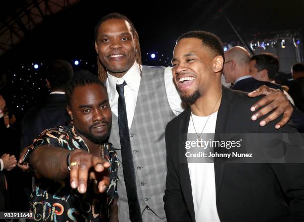 Wale, Latrell Sprewell, and Tristan Wilds attend the 2018 NBA Awards at Barkar Hangar on June 25, 2018 in Santa Monica, California.