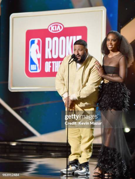 Khaled and Kelly Rowland speak onstage at the 2018 NBA Awards at Barkar Hangar on June 25, 2018 in Santa Monica, California.