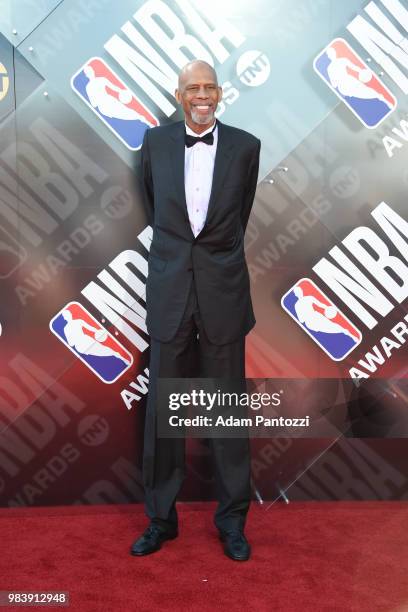 Retired NBA player Kareem Abdul-Jabbar walks the red carpet before the NBA Awards Show on June 25, 2018 at the Barker Hangar in Santa Monica,...