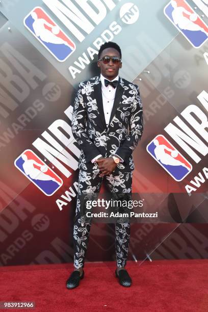 Victor Oladipo of the Indiana Pacers walks the red carpet before the NBA Awards Show on June 25, 2018 at the Barker Hangar in Santa Monica,...